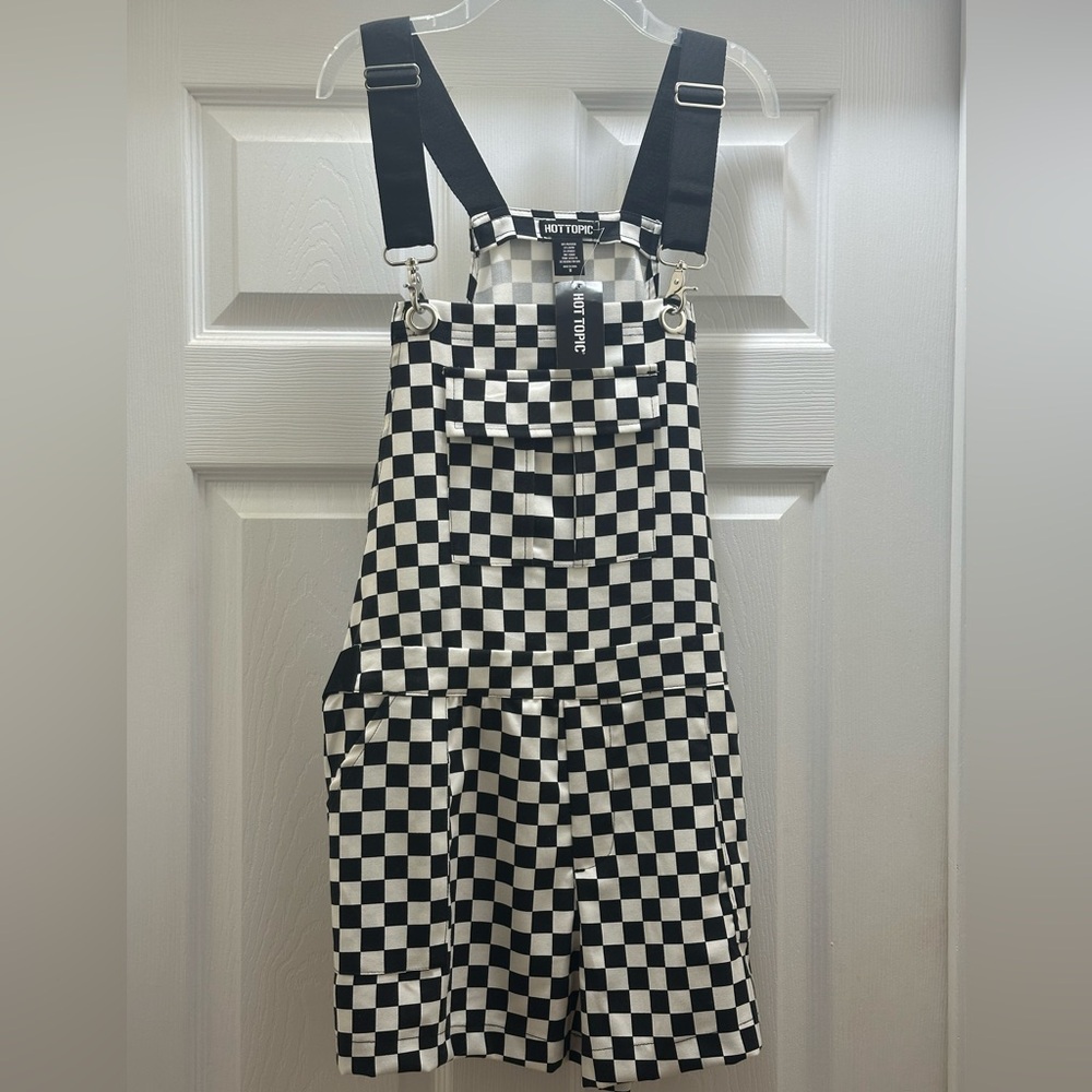 Hot Topic Black & White Checkered Utility Shortalls New with tags Size Medium